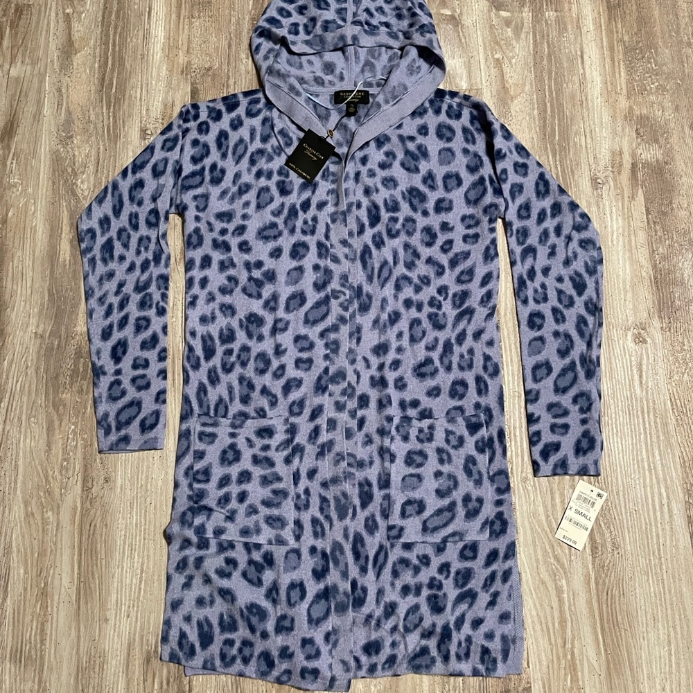 Charter Club Blue Leopard Print Hooded Cardigan